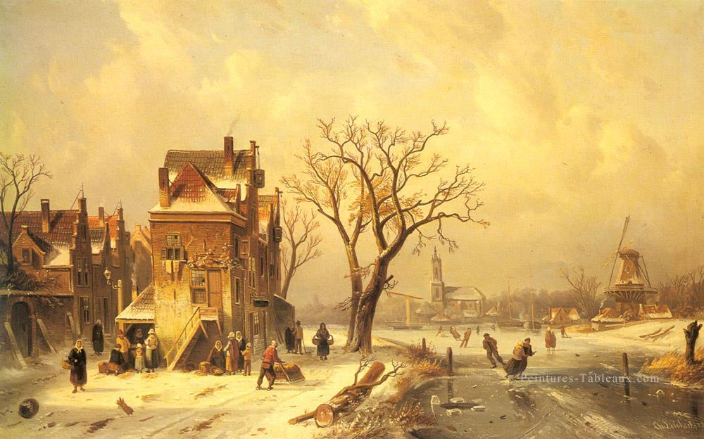 Patineurs Dans Un Paysage D’hiver Frozen Charles Leickert Peintures à l'huile